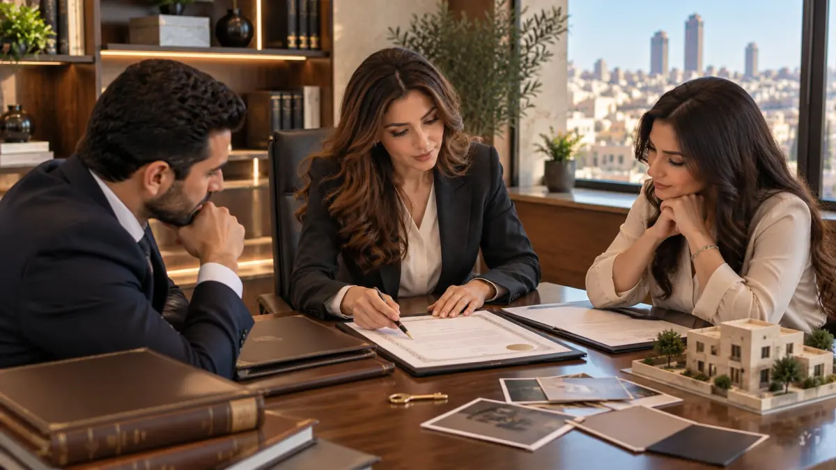 Female lawyer reviewing inheritance documents with family members during an estate legal consultation in Amman, Jordan.