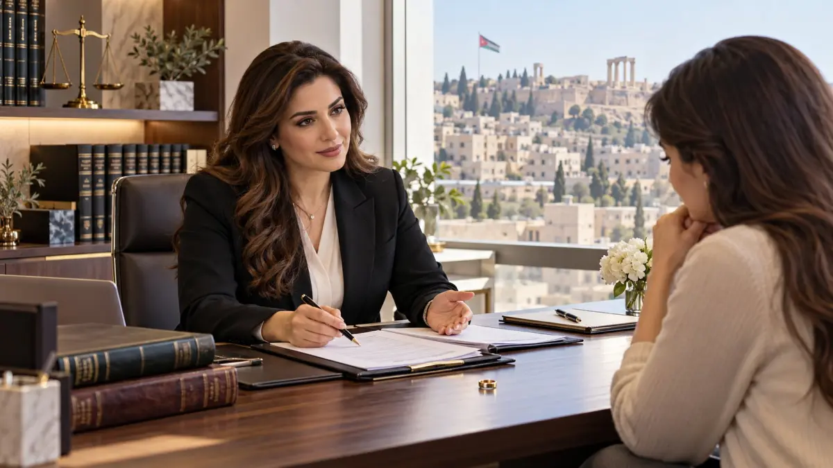 Female divorce lawyer consulting with a woman about family law and divorce documents in an elegant office in Amman, Jordan.