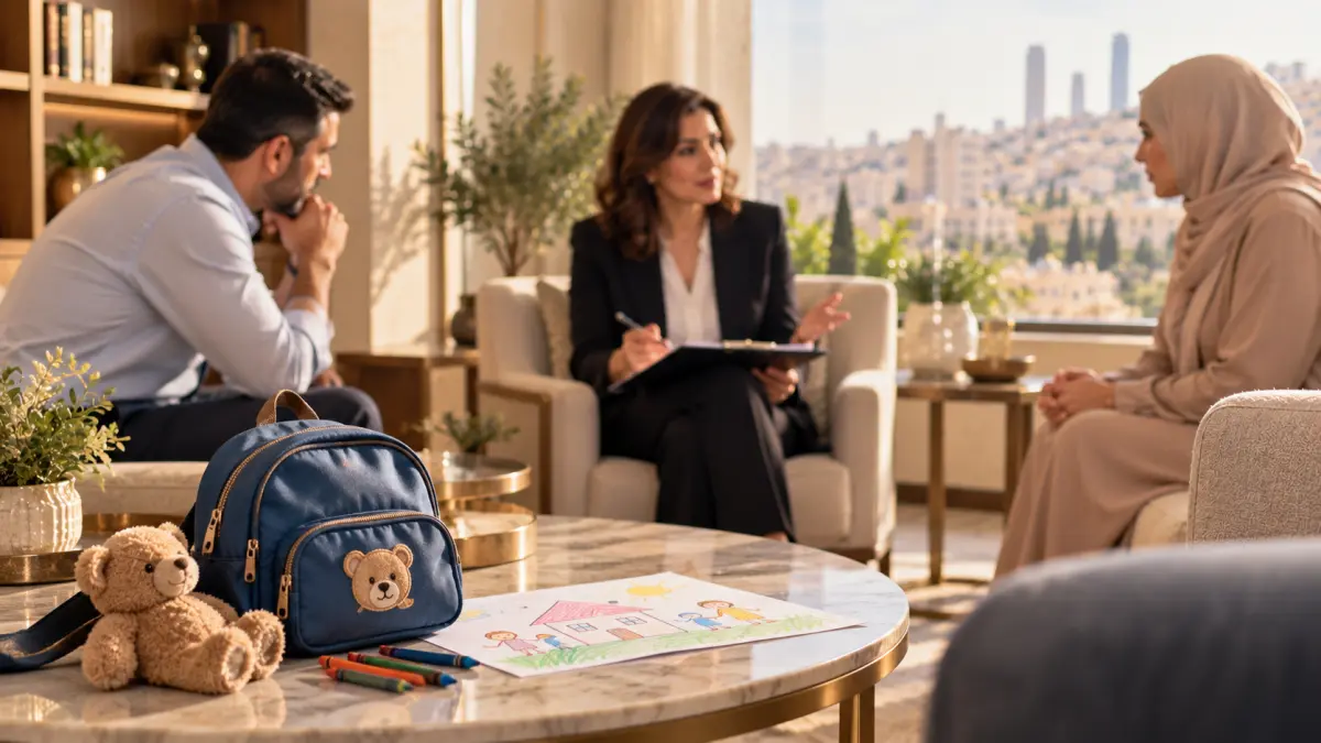 Child custody and visitation legal consultation in Amman, featuring parents, a family lawyer and a child's school bag.